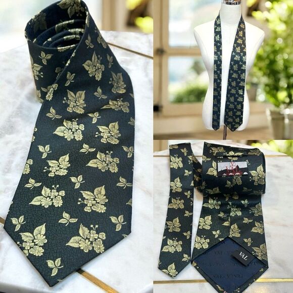 🔥 Valentino 100% Silk Floral Gold Accents Tie - Picture 1 of 16